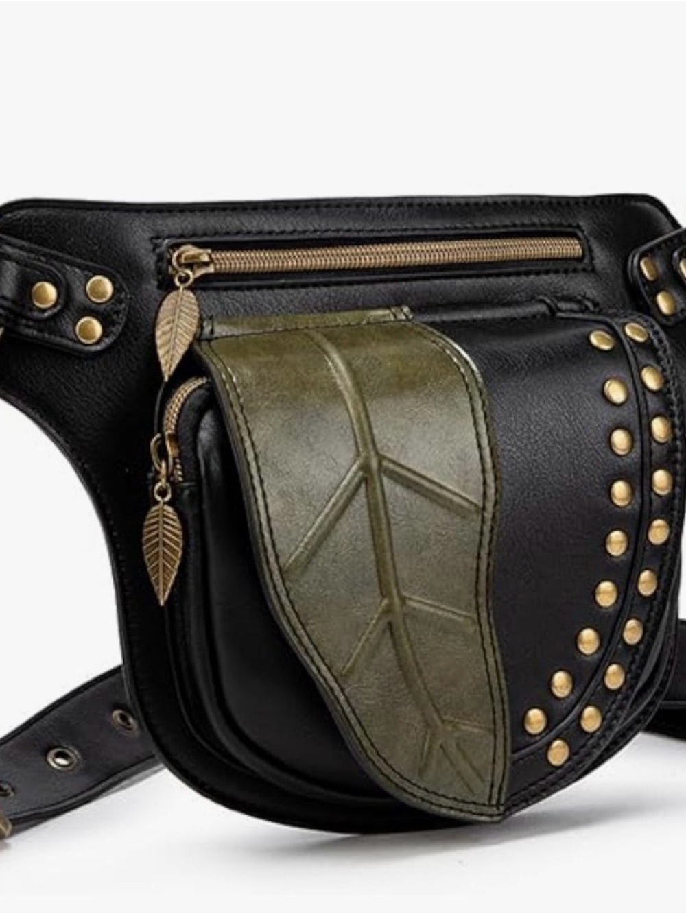 Black & Olive Leaf Accent Studded Crossbody Belt Bag with Adjustable Strap